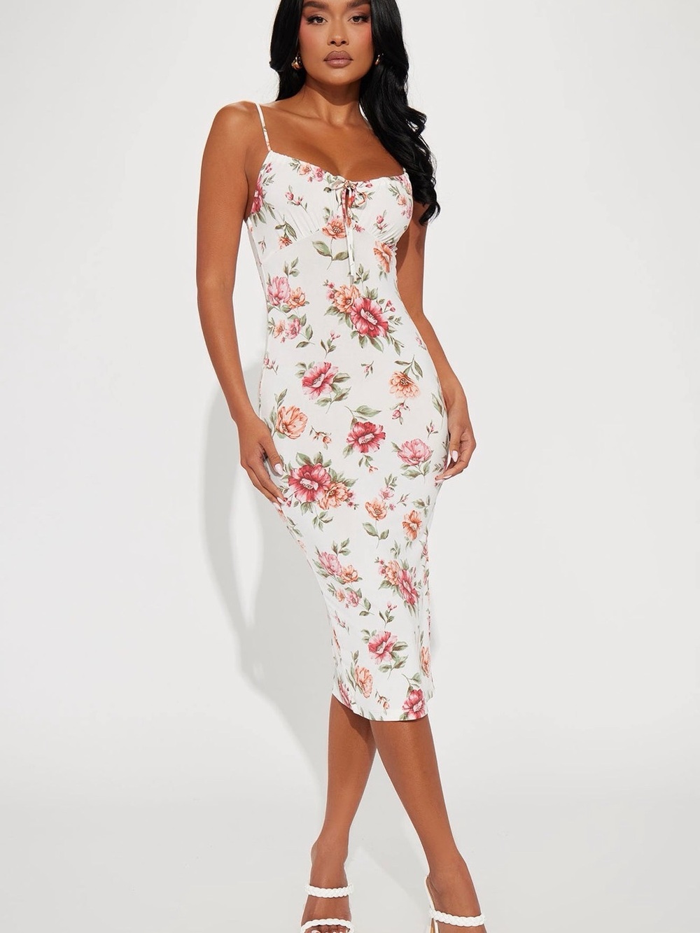 Fashion Nova White Floral Tie-Front Midi Dress